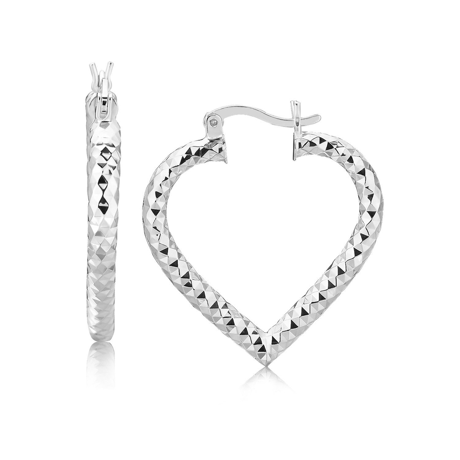 Sterling Silver Rhodium Plated Heart Style Hoop Diamond Cut Earrings(3x22mm) in a sleek high-contrast midnight luxury editori